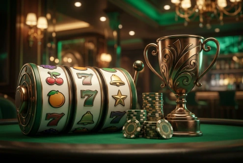 Rodillos con frutas y sietes junto a un trofeo sencillo y fichas de casino.